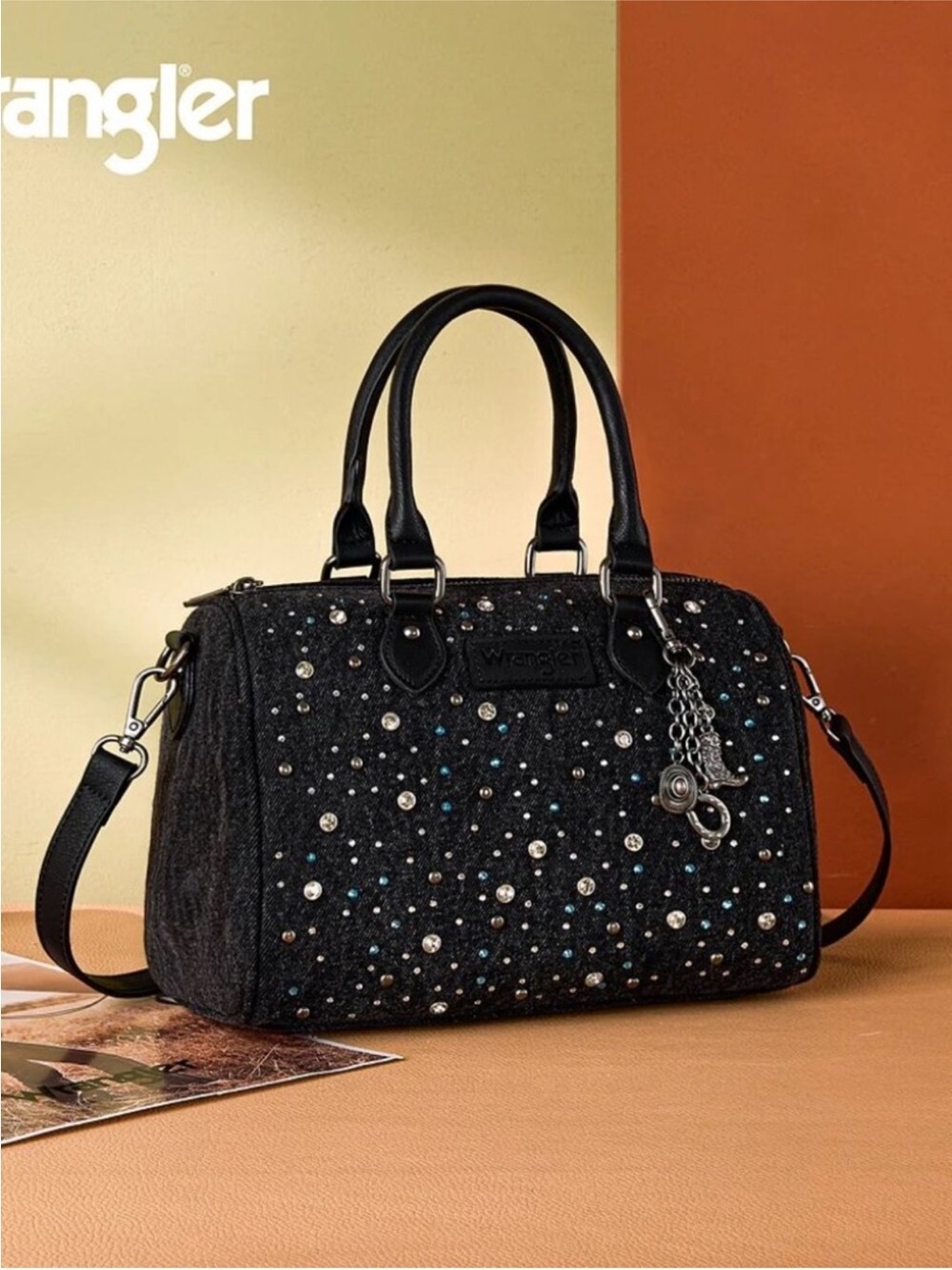 Wrangler Black Rhinestone Denim Boston Bag Crossbody NWT